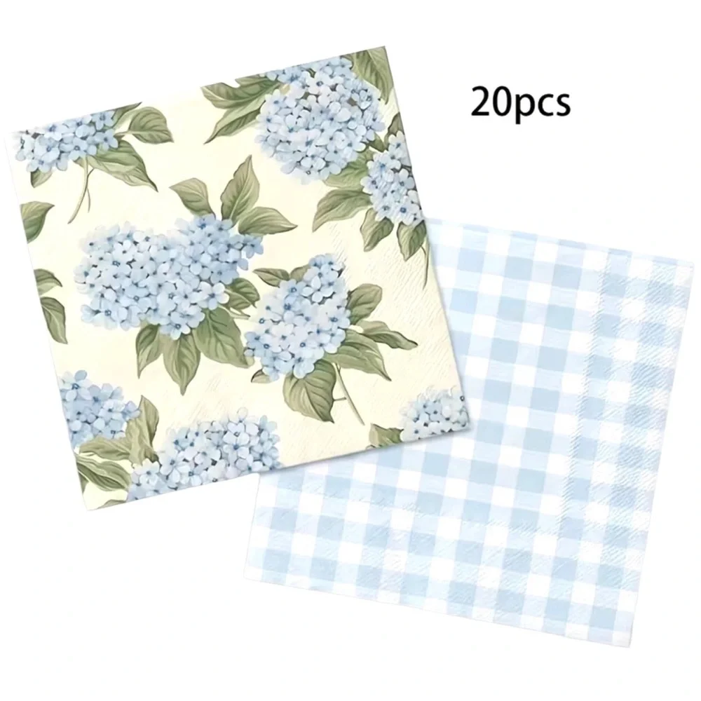 Four-in-One Blue Floral Gingham Designs Luncheon Napkin, 20 pcs